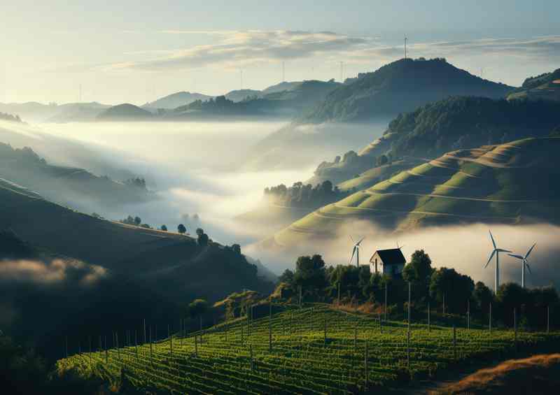 Vineyards and Turbines Enveloped in Mist | Metal Poster
