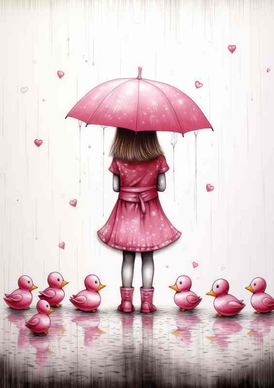 Girl Holding A Pink Umberella With Her Pink Ducks | Metal Poster