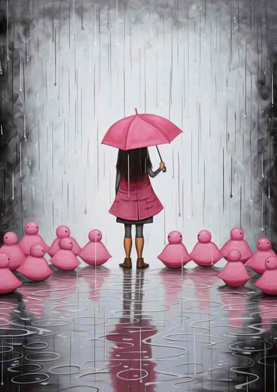Girl In Pink In The Rain Holding Umberella | Metal Poster