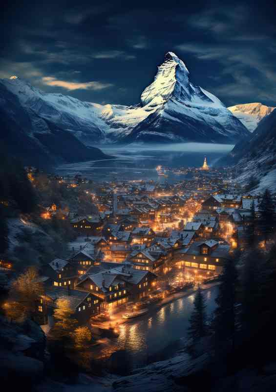 Artistic View of Zurich and Matterhorn | Metal Poster