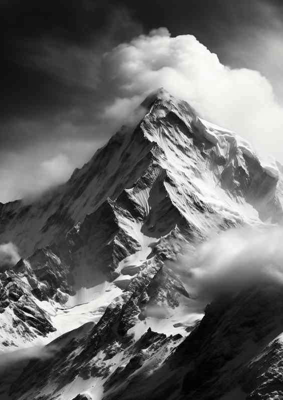 Black And White Mountain Top With Mist | Metal Poster