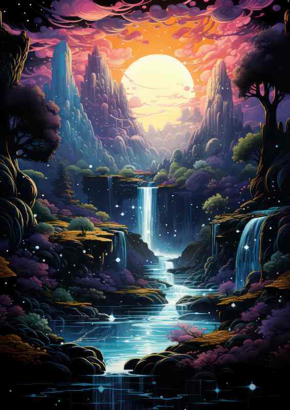 Blissful Waterfall at Night | Metal Poster