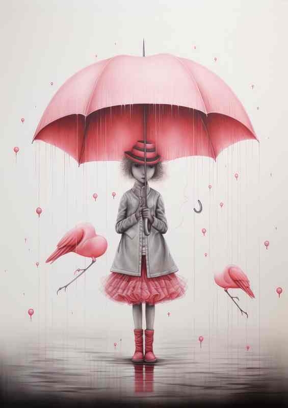 Girl With A Pink Umberella With Pink Hearts For Love | Metal Poster