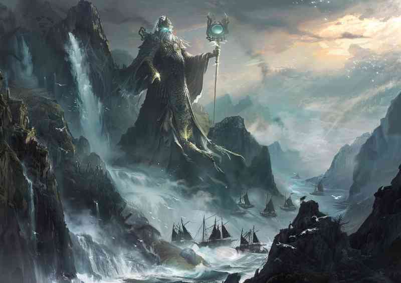 Odin god with glowing eyes protecting viking ships | Metal Poster