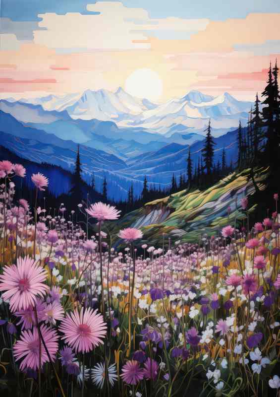 Landscape Mountain With Array Of Purple Flowers | Metal Poster