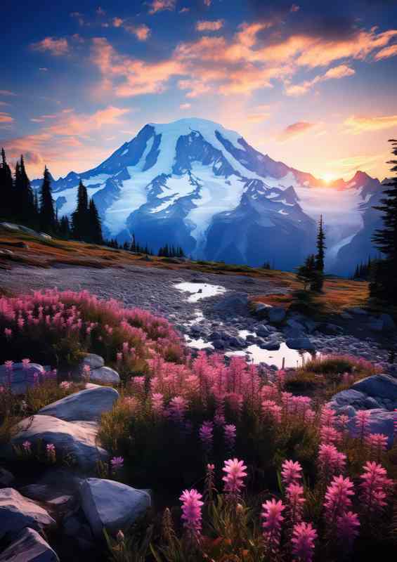 Mountain And Grassland With Purple Flowers | Metal Poster