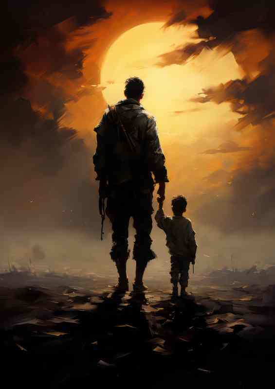Boy and soilder walking off in the sunset | Metal Poster