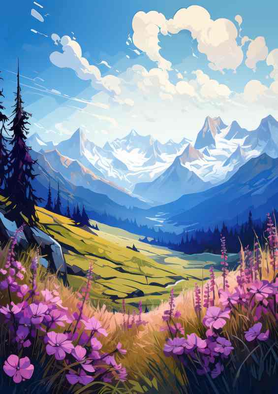 Purple Flowers & Mountains Nestled | Metal Poster