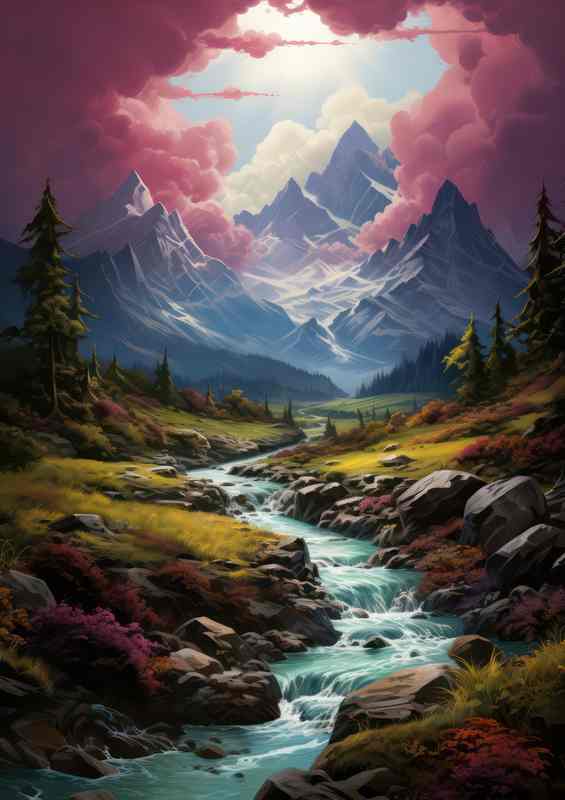 Serene Mountain Scene with Babbling Creek | Metal Poster