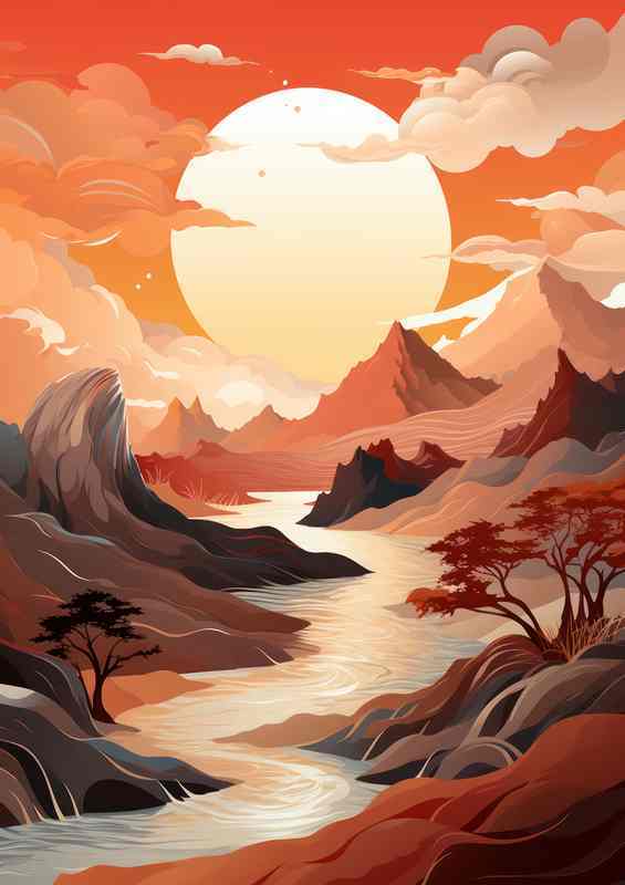 Surreal Mountains And River Art | Metal Poster