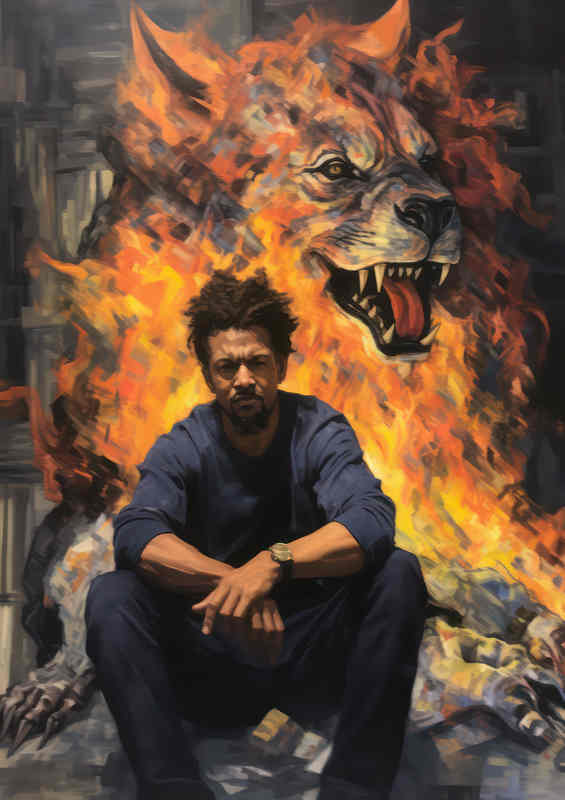 Man Sat with a tiger style dog through fire | Metal Poster