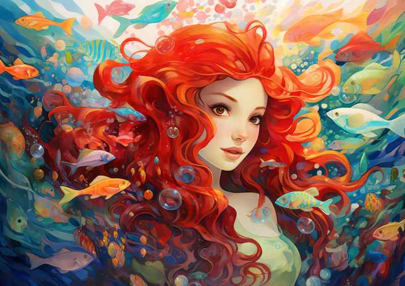 The Mermaid InThe Water Surrounded By Fish | Metal Poster