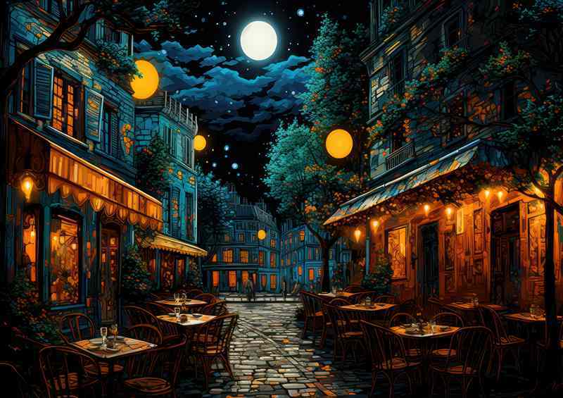 Mellow Moonlight Bathes the Serene Midnight Cafe | Metal Poster