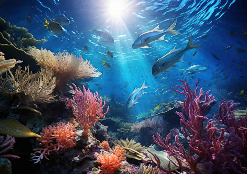 Fish swimming around the coral bed | Metal Poster