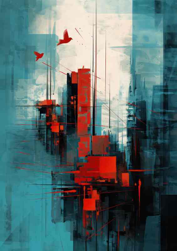 Abstract of a city style with birds flying | Metal Poster
