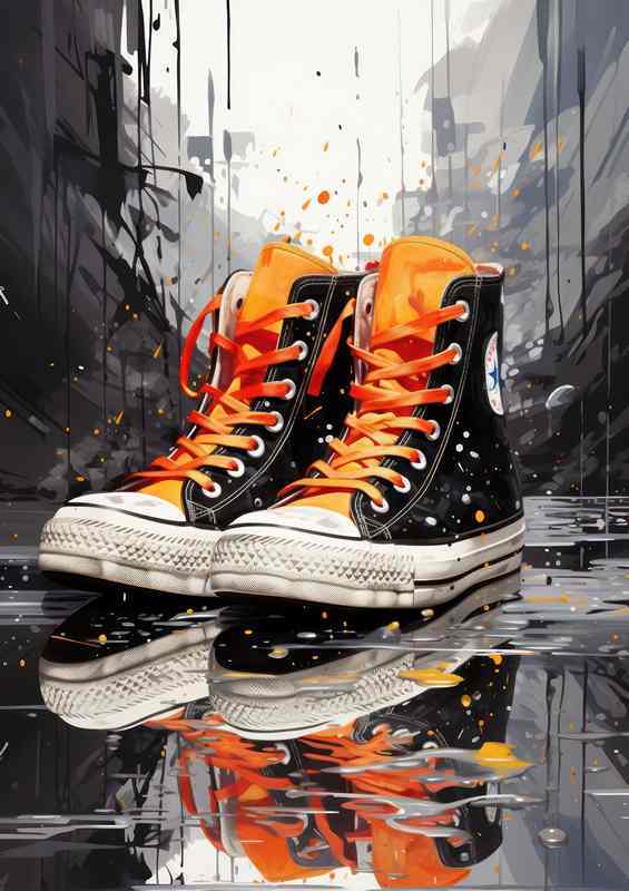 A black sneaker is sitting on an splattered surface | Metal Poster