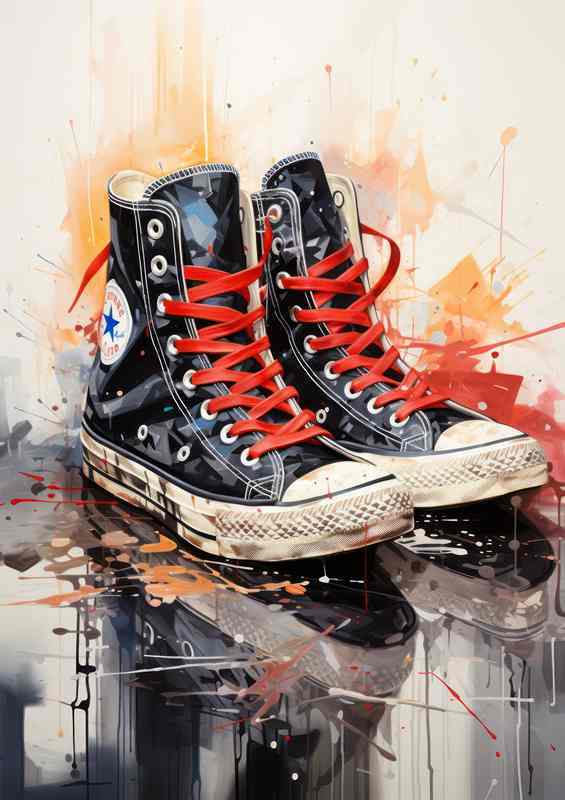 Black Sneaker on Splattered Surface | Red Laces | Metal Poster