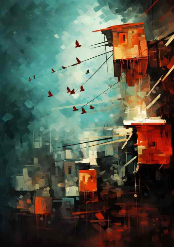 Post Modern town houses with birds flying | Metal Poster