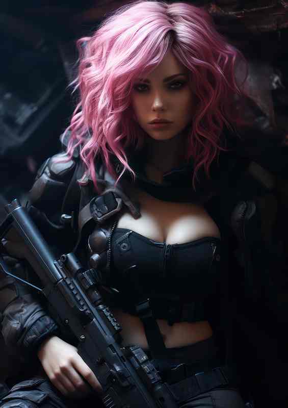 Futuristic Rebel Girl with Pink Locks Armed | Metal Poster