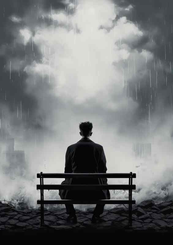 Man on Bench Embracing Park Serenity | Metal Poster