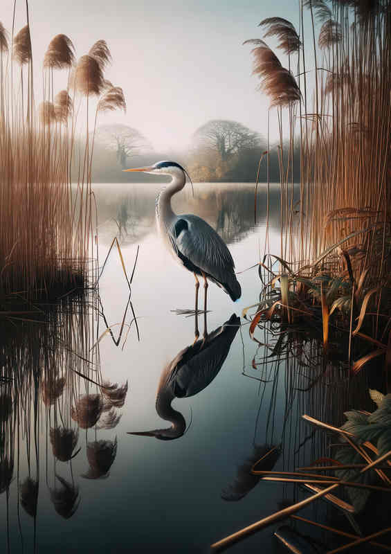 British Grey Heron Standing at Calm Lake | Metal Poster