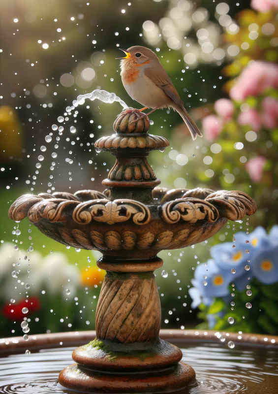 British Songbird Perching on Ornate Fountain | Metal Poster