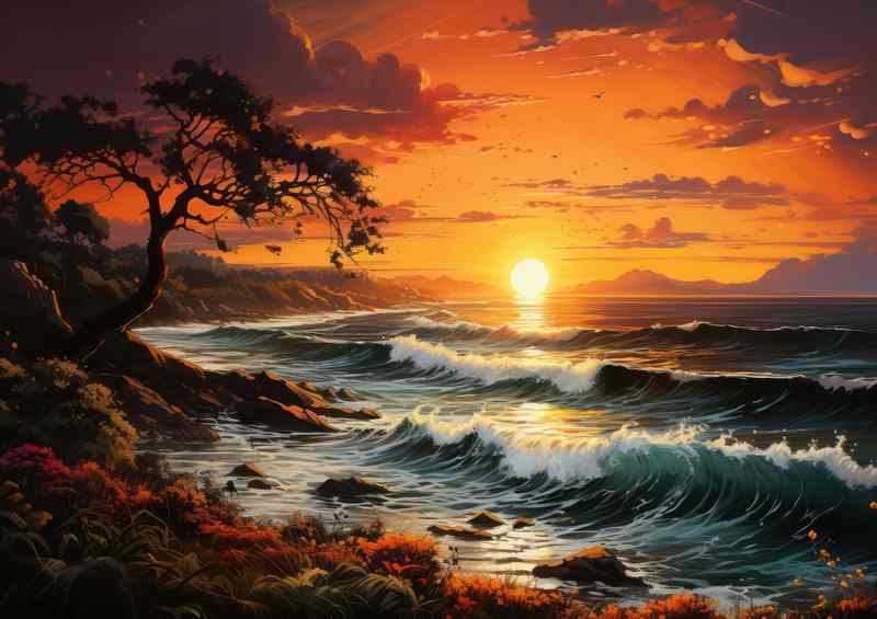 Crimson Tranquility Evening Sun Sets Over Waves | Metal Poster