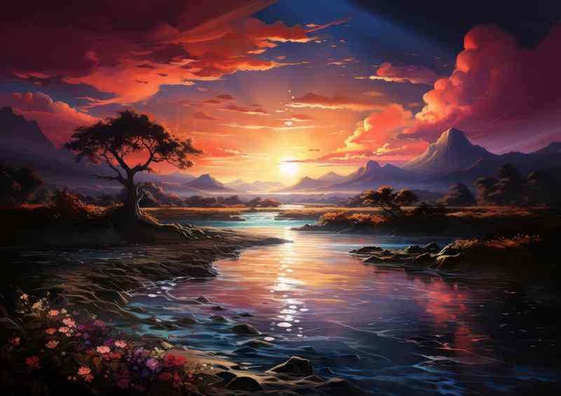 Golden Serenity Sunset Embraces the Calm Lake | Metal Poster