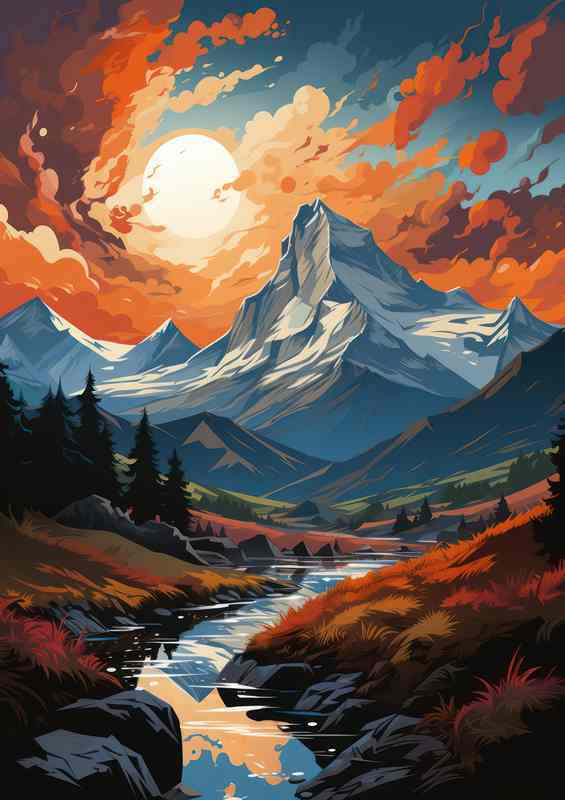Amber Sunset Graces Mountains and River | Metal Poster