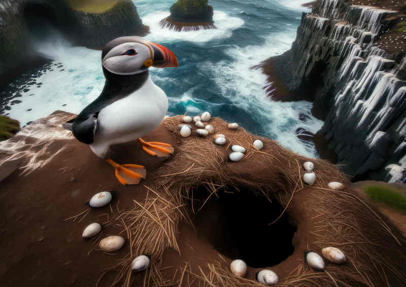 Puffin Birs gong down to its nest on the english coast | Metal Poster