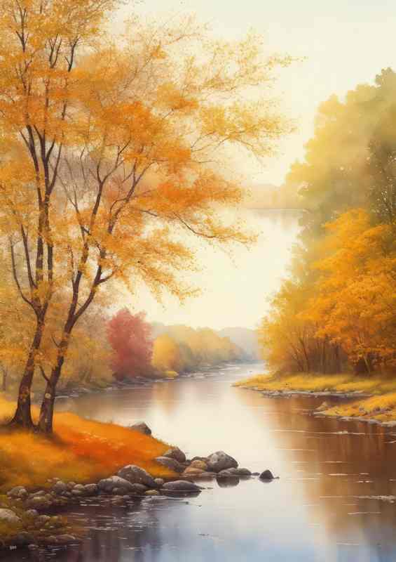 Autumn river scene with trees | Metal Poster