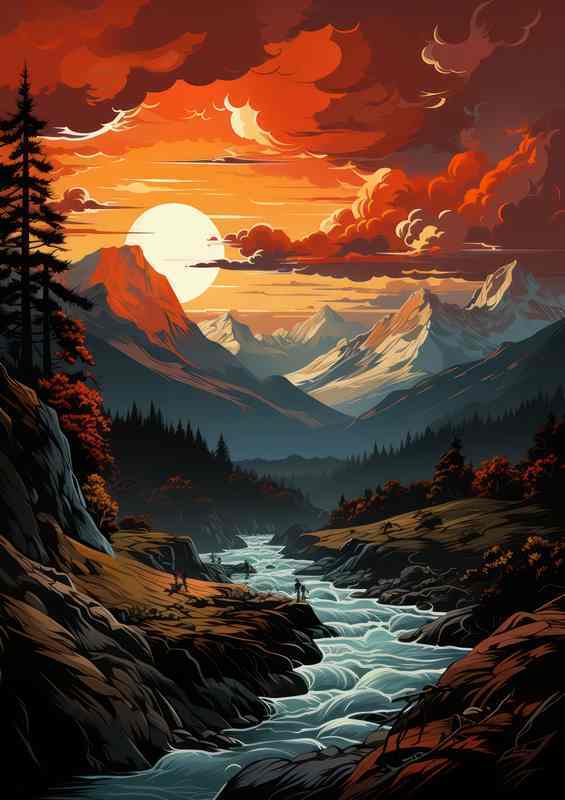 Crimson Harmony Sunset Dance on Mountain Silhouette | Metal Poster