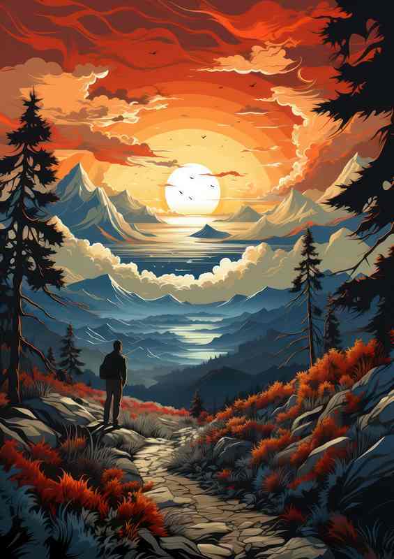 Dusk Sunset Casts Glow on Mountains and River | Metal Poster
