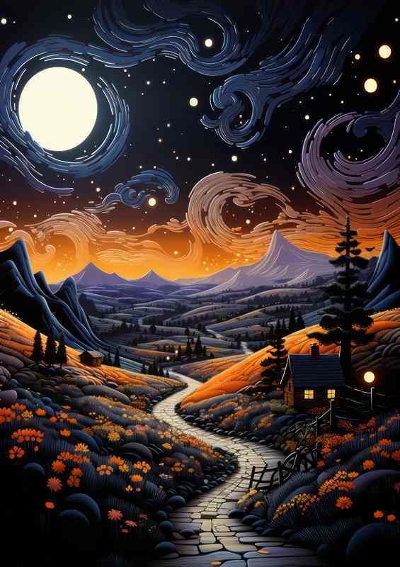 Ethereal Glow Moonlight Bathes the Countryside | Metal Poster