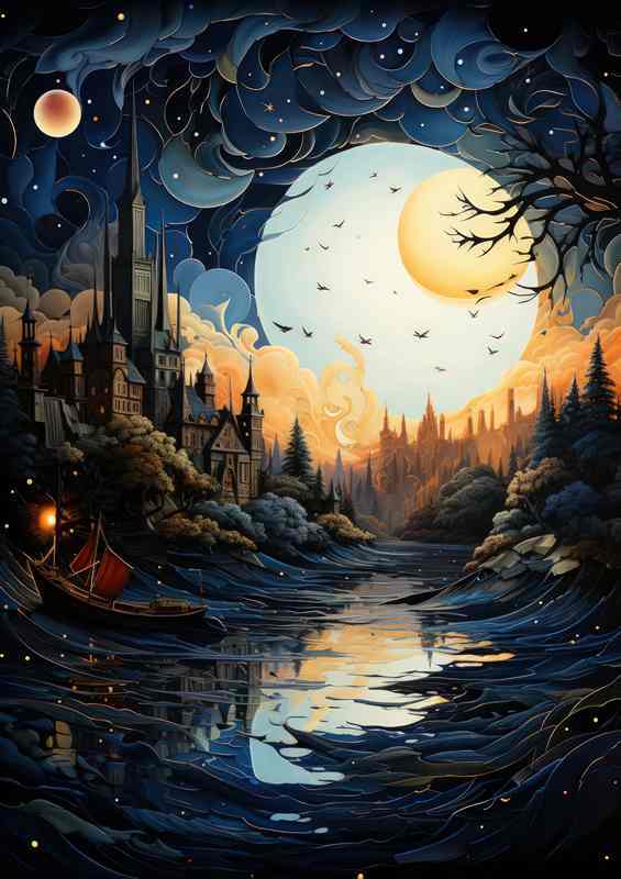 Ethereal Glow Shines on the Starry Night Village | Metal Poster