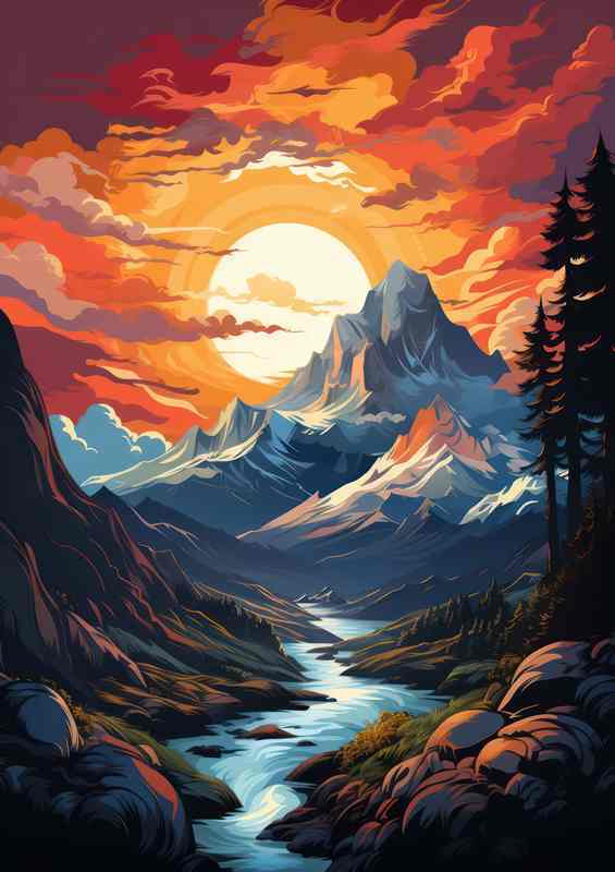 Fiery Fusion Sunset Unites Mountains and Serene River | Metal Poster