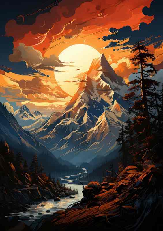 Fiery Symphony Sunset Paints the Mountains Ablaze | Metal Poster