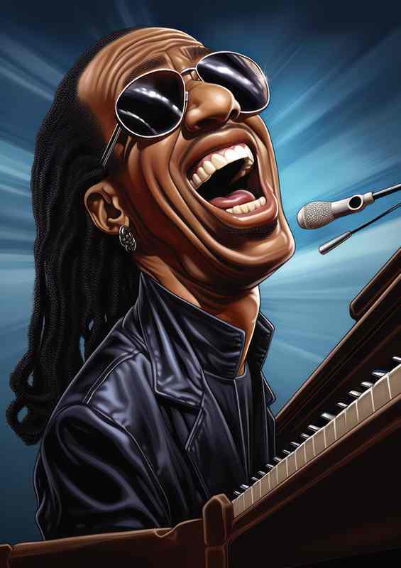 Caricature of Stevie wonder playing the piano | Metal Poster