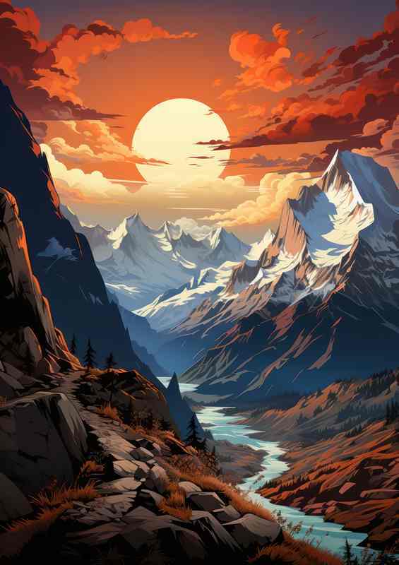 Golden Majesty Sunset Graces the Mountain Peaks | Metal Poster