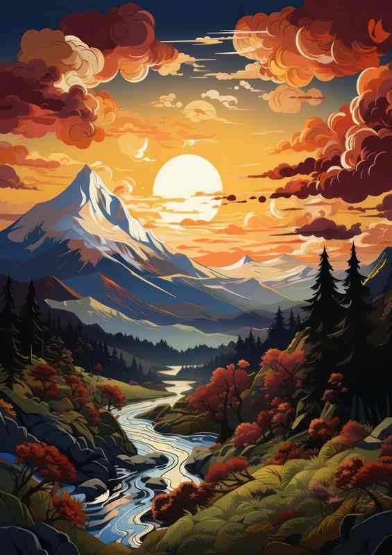 Golden Symphony Sunset Over Mountains and River | Metal Poster