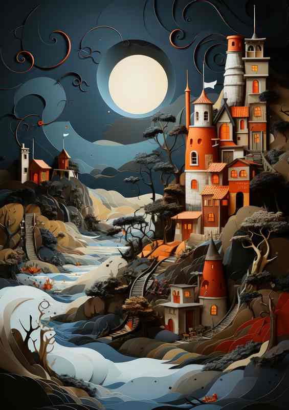 Moonlit Harmony Village by the Serene Sea | Metal Poster