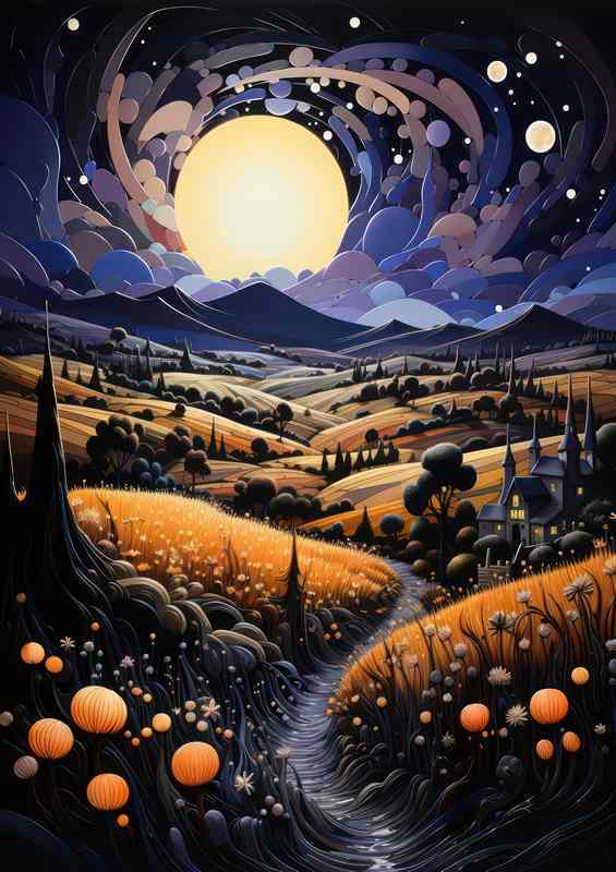 Nocturnal Serenity Moonlight Graces the Rural Landscape | Metal Poster