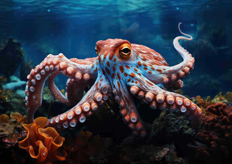 Octopus underwater on the coral ocean bed | Metal Poster