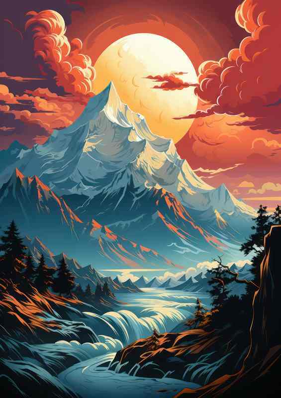 Tranquil Blaze Sunset’s Glow Over Rugged Mountains | Metal Poster