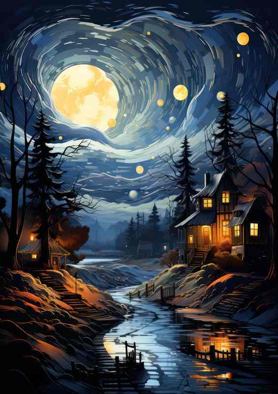 Twinkling Tapestry Over the Tranquil Village Night | Metal Poster