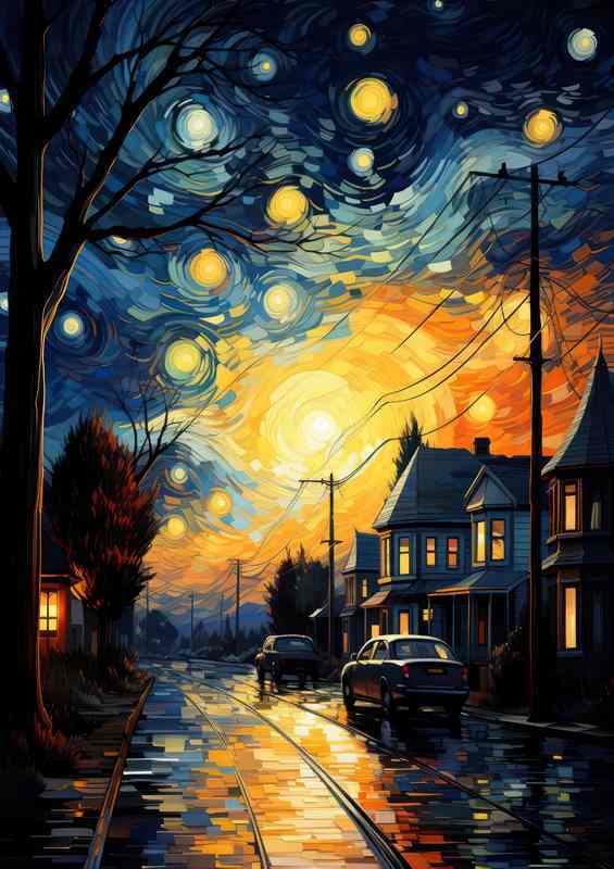 Village Whispers Under the Spell of Starry Night | Metal Poster