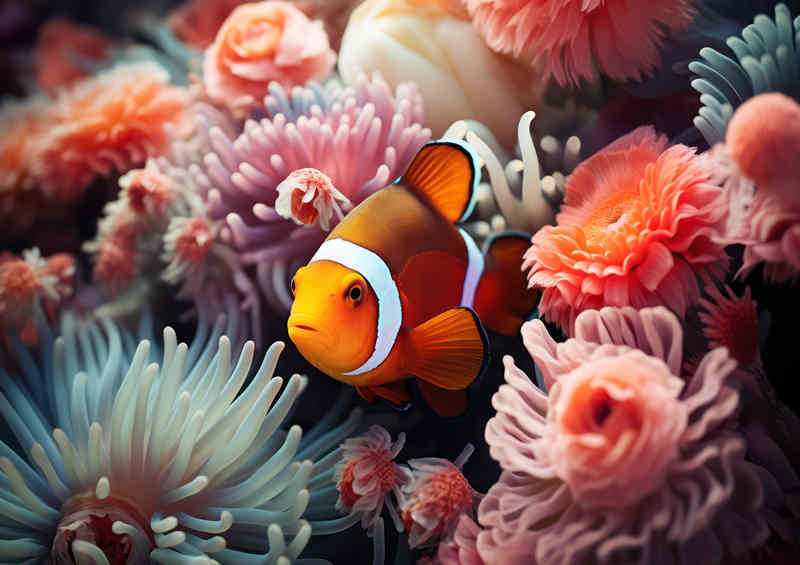 Orange Clown fish swimming in the coral | Metal Poster