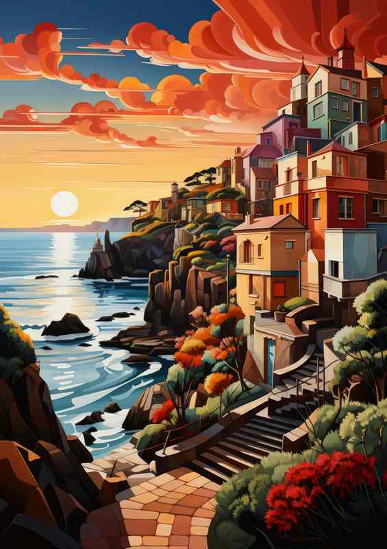 Whimsical Waters Pastel Village by the Sea | Metal Poster