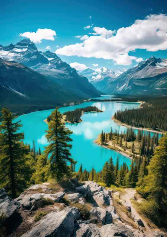 A View Of Mountain Peaks And Turquoise lake | Metal Poster
