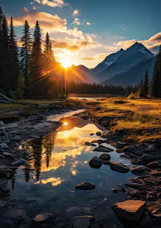 Peaceful Mountain Flowing Creek in Sun Rise | Metal Poster
